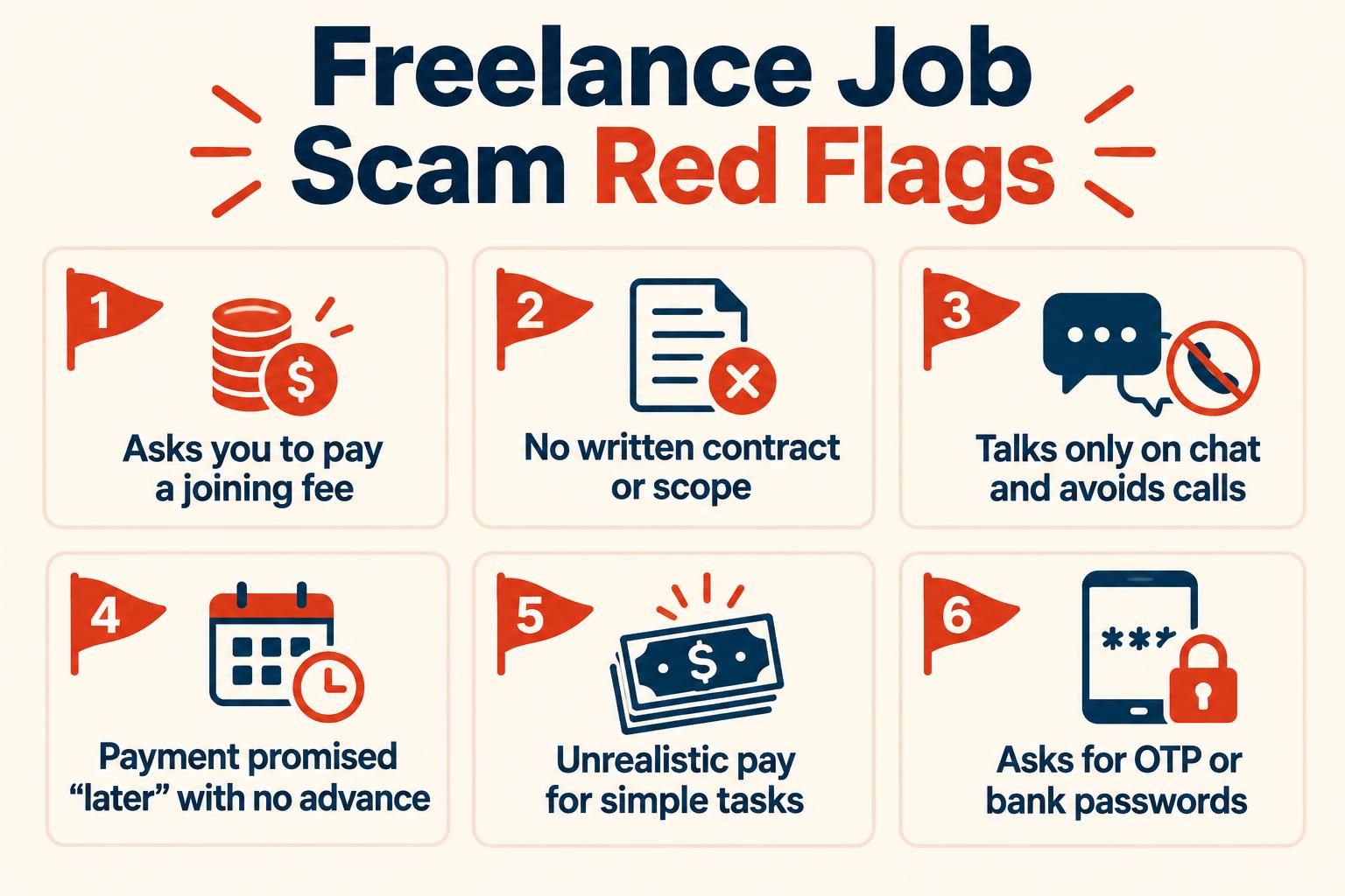 Freelance job scam red flags: joining fees, no contract, chat-only contact, delayed payment, unrealistic pay and OTP requests