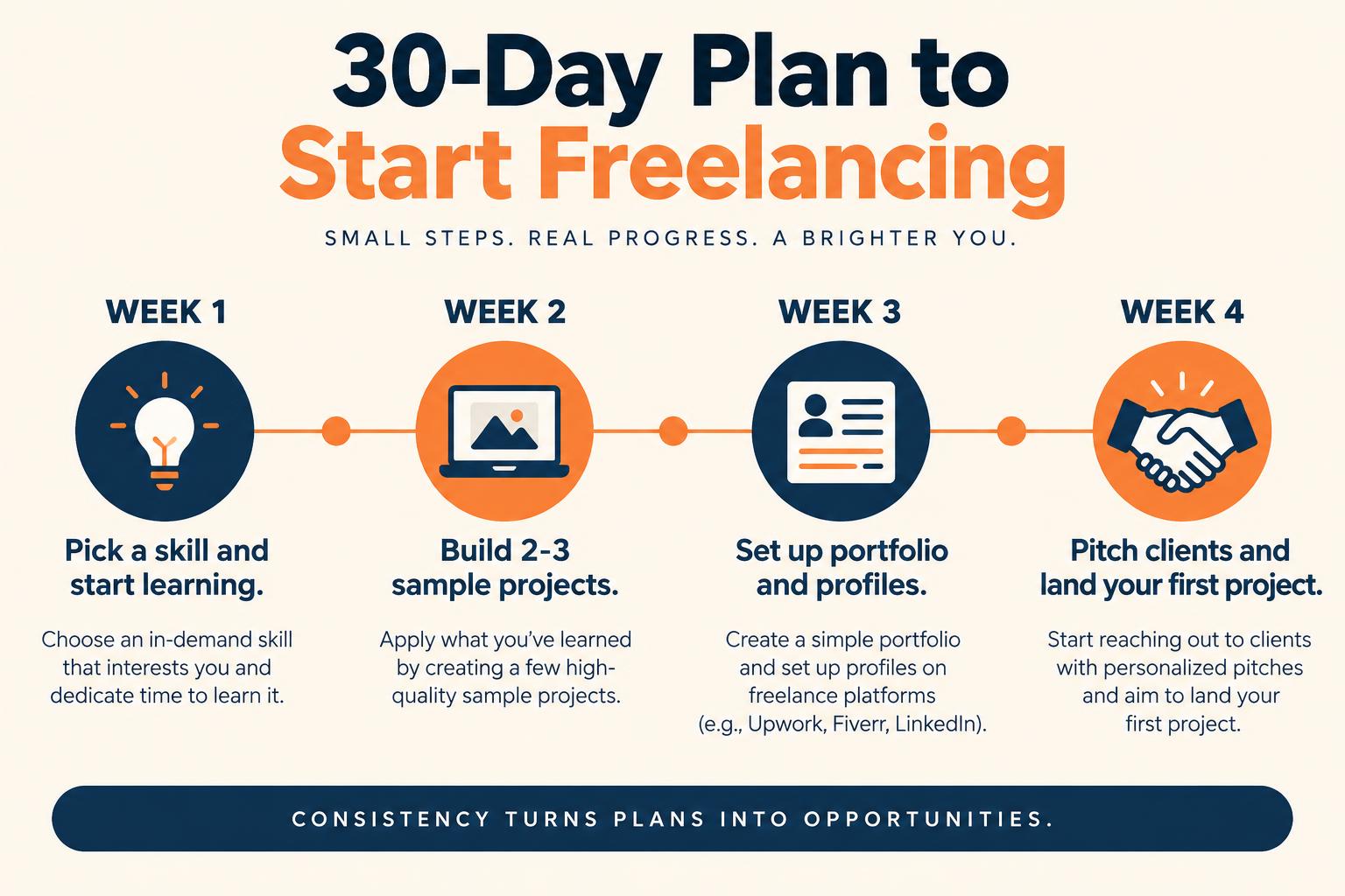30-day plan to start freelancing: week 1 learn a skill, week 2 build samples, week 3 set up portfolio, week 4 pitch clients