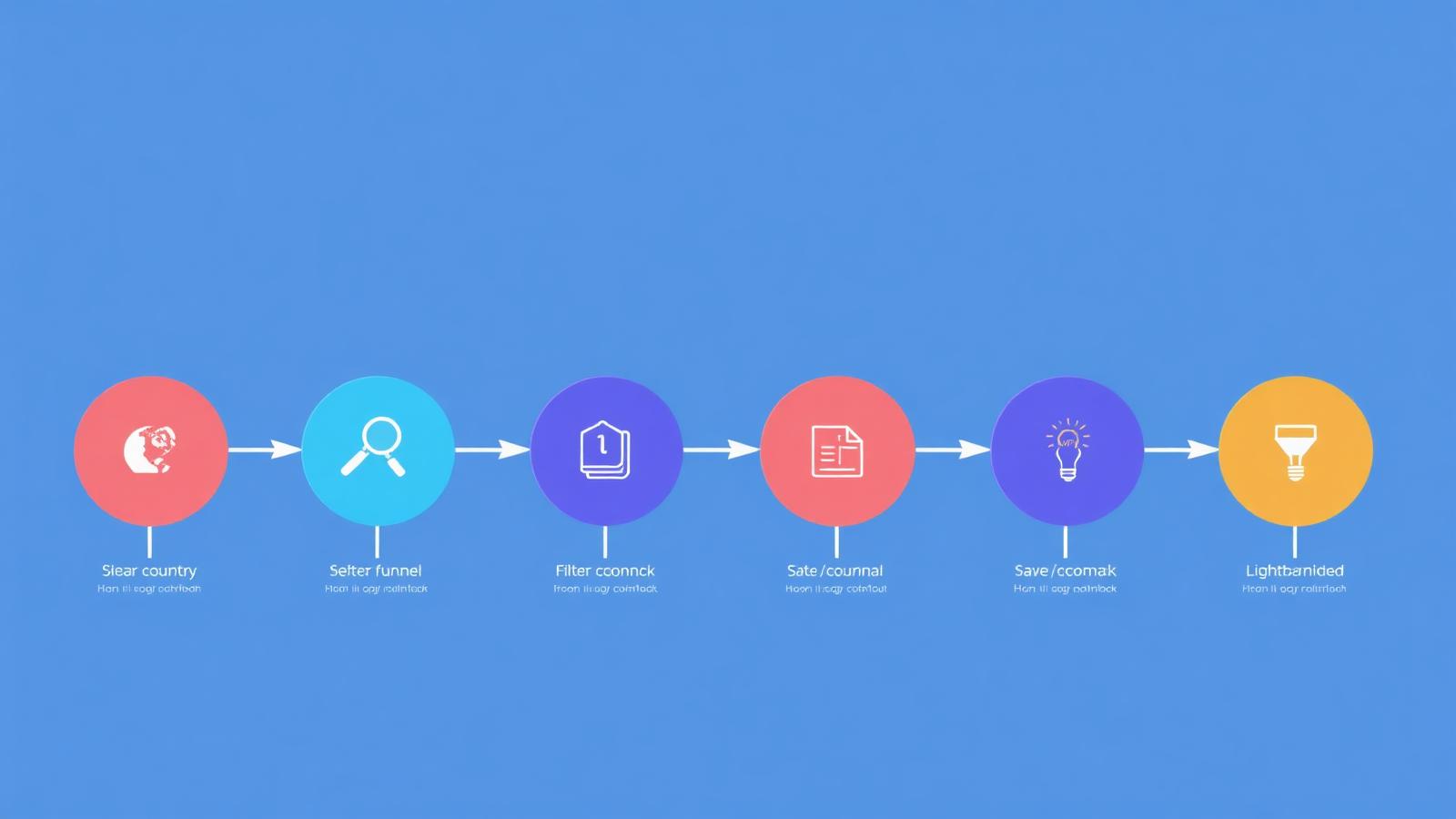 6-step Meta Ads Library research workflow: country, search, filter, analyse, save, ideate