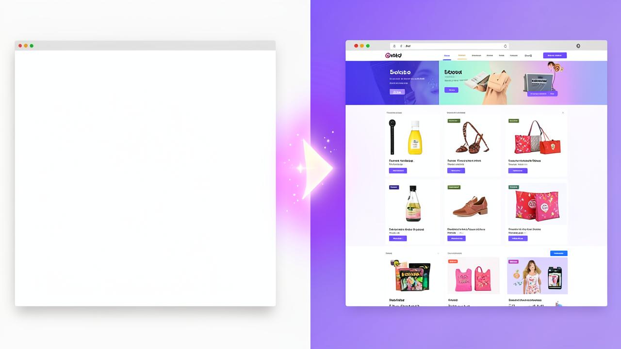 Before and after: an empty browser window becomes a finished online store