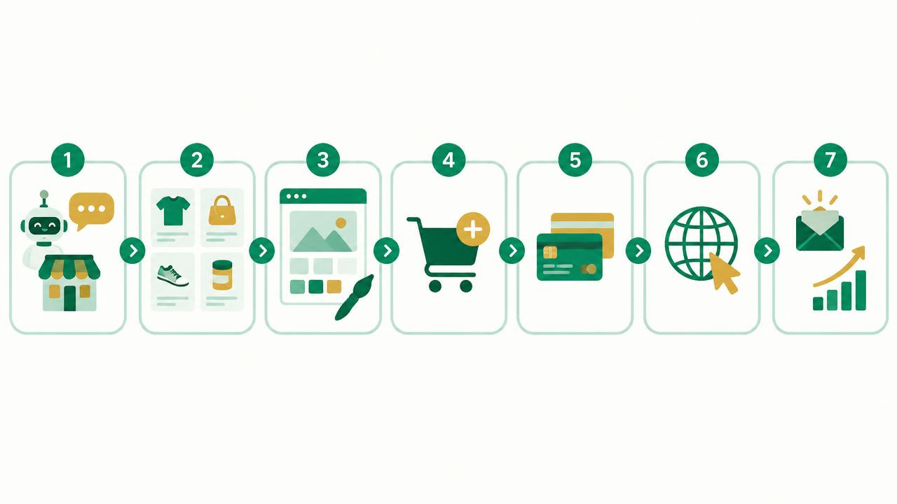 The seven steps of building an e-commerce store with AI, from the first prompt to launch
