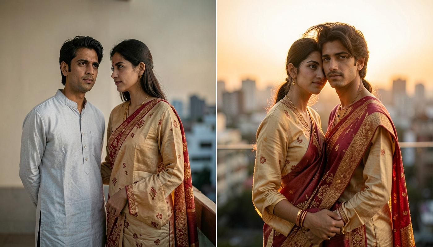 A flat indoor couple photo restyled as a golden-hour rooftop portrait