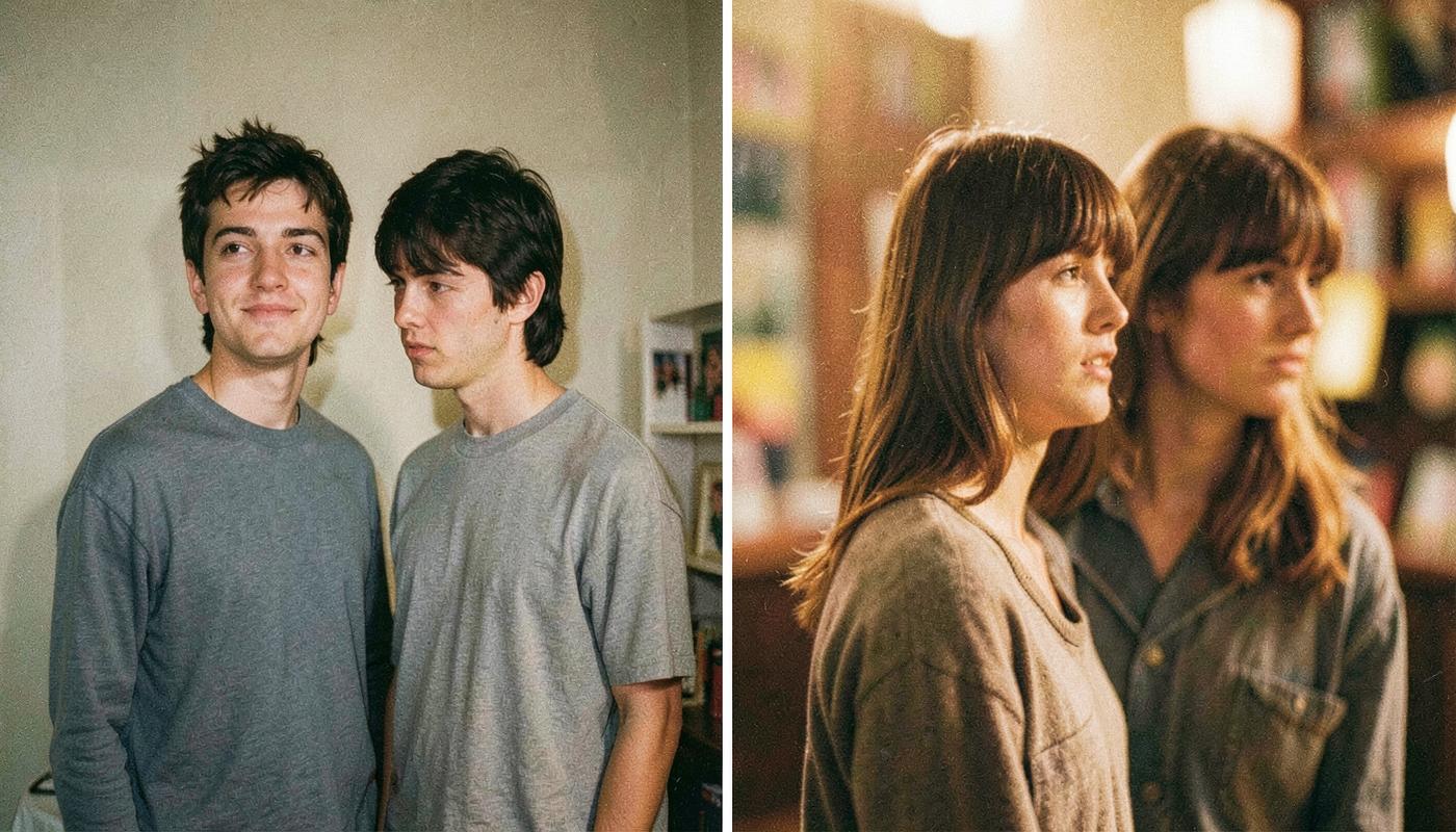 A flat indoor couple snapshot restyled as a retro film photograph