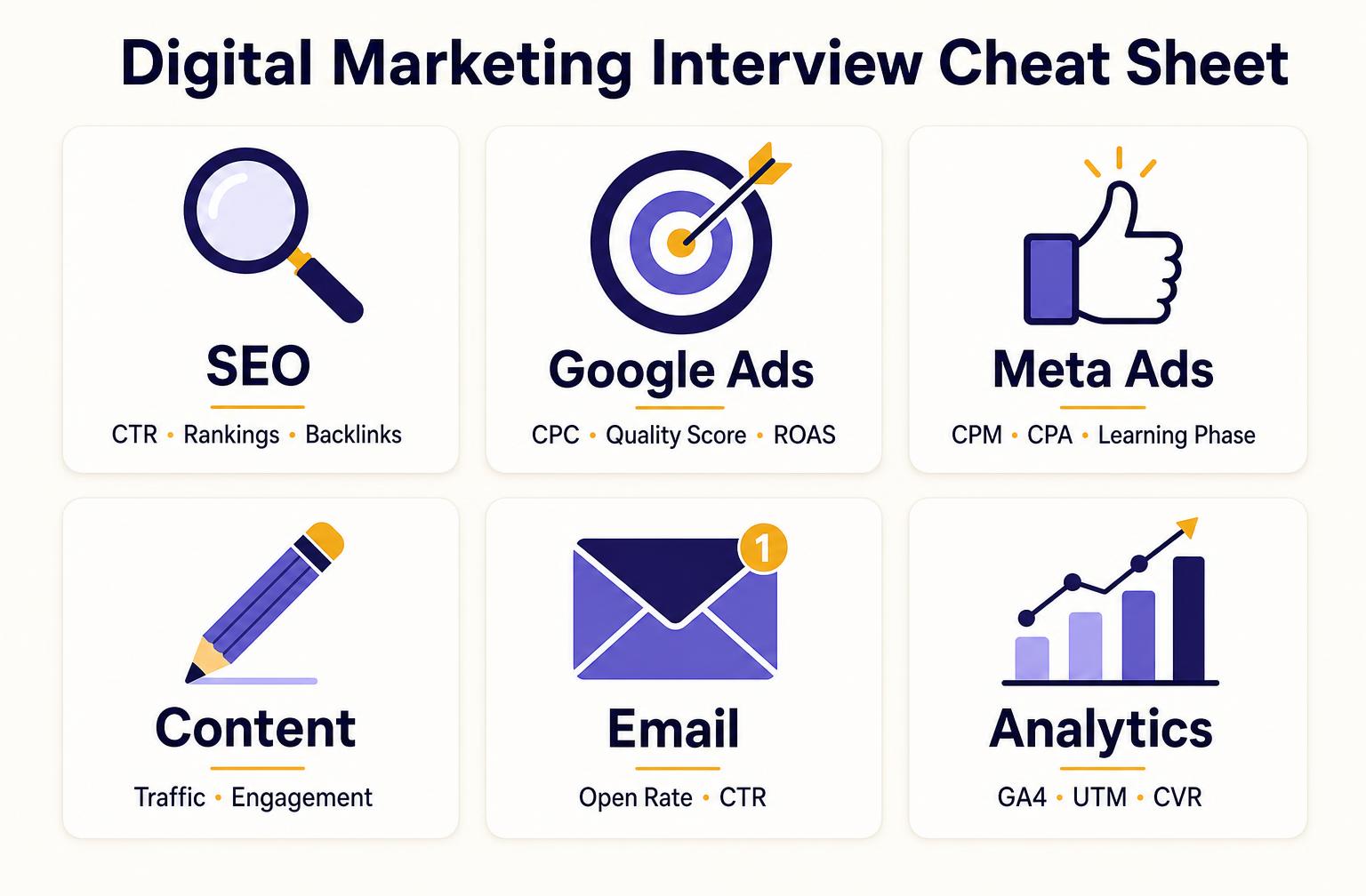 Digital marketing interview cheat sheet covering SEO, Google Ads, Meta Ads, content, email and analytics with their key metrics