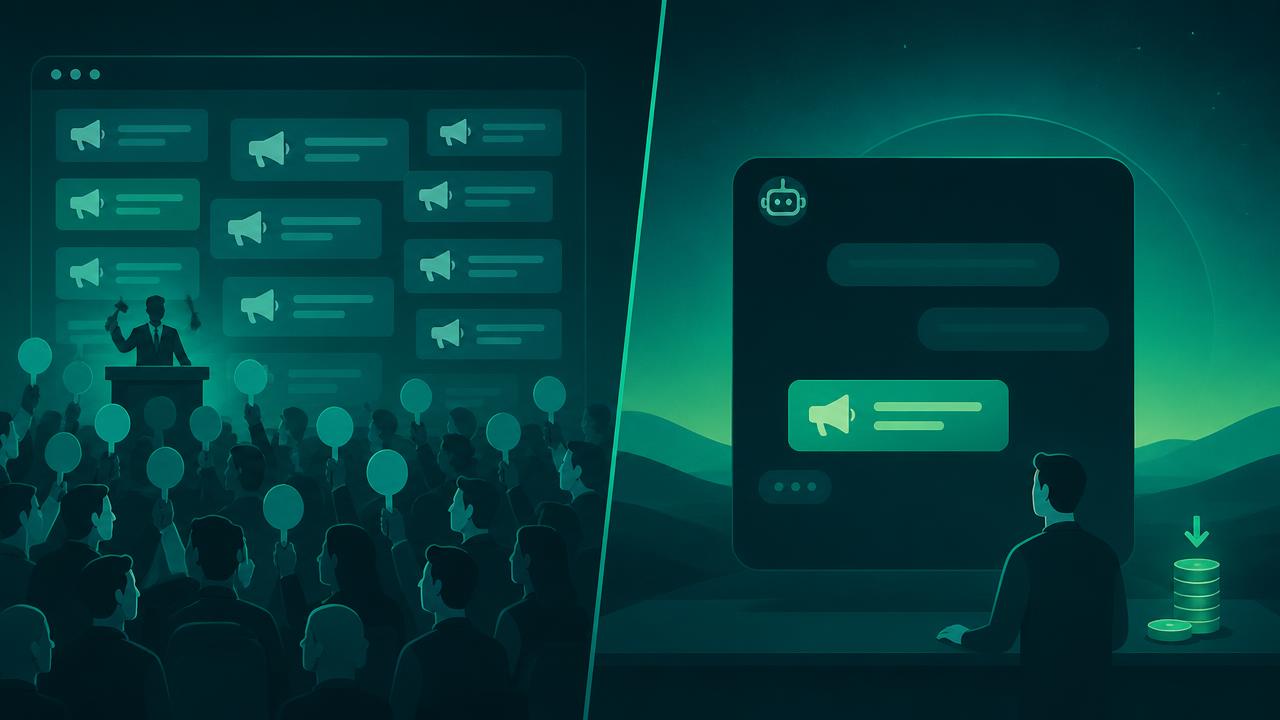 A crowded traditional ad auction next to an almost empty AI chat ad platform