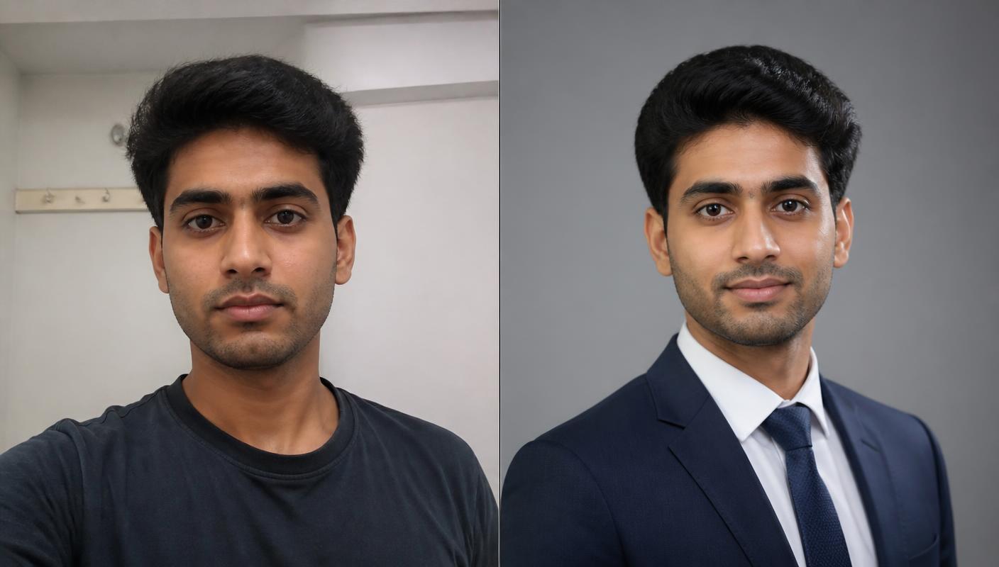 Casual selfie edited into a corporate headshot