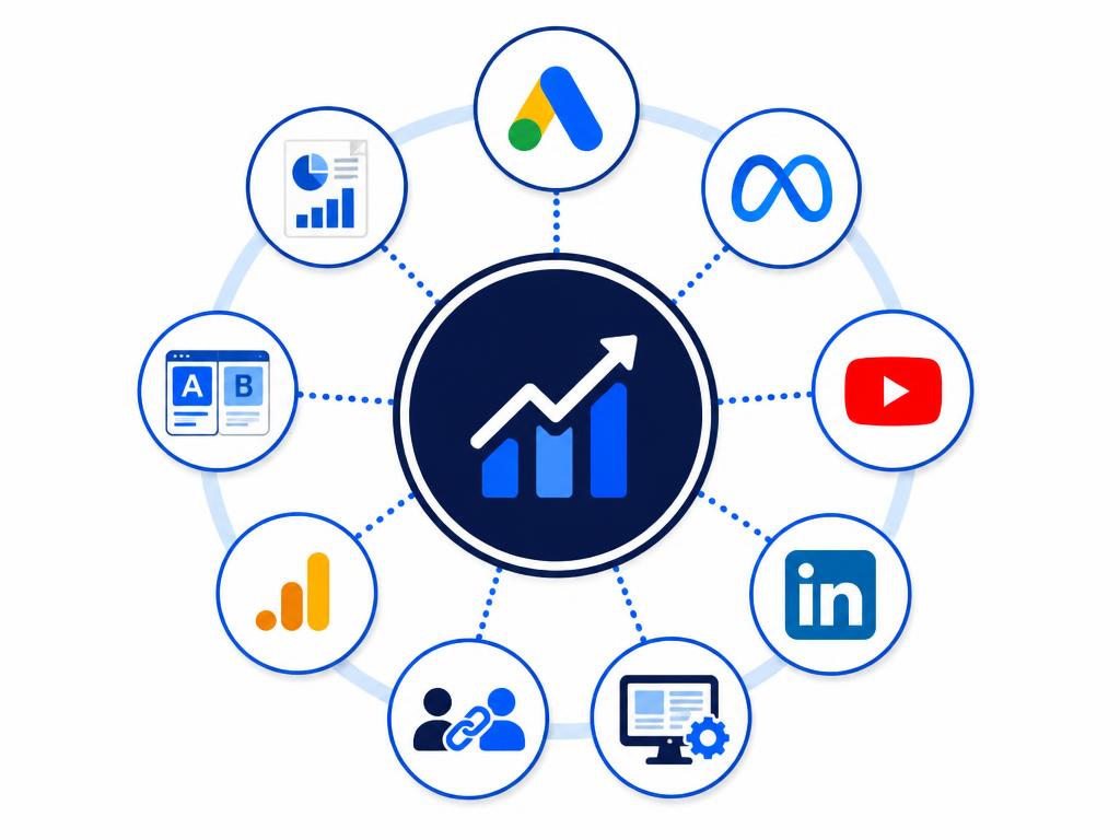 Diagram showing the core services of a performance marketing agency: Google Ads, Meta Ads, YouTube, LinkedIn, programmatic, affiliate, GA4 tracking, creative testing and reporting