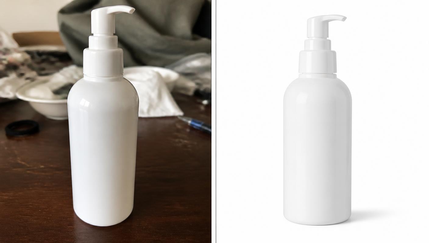 Cluttered phone photo of a bottle turned into a clean white-background packshot