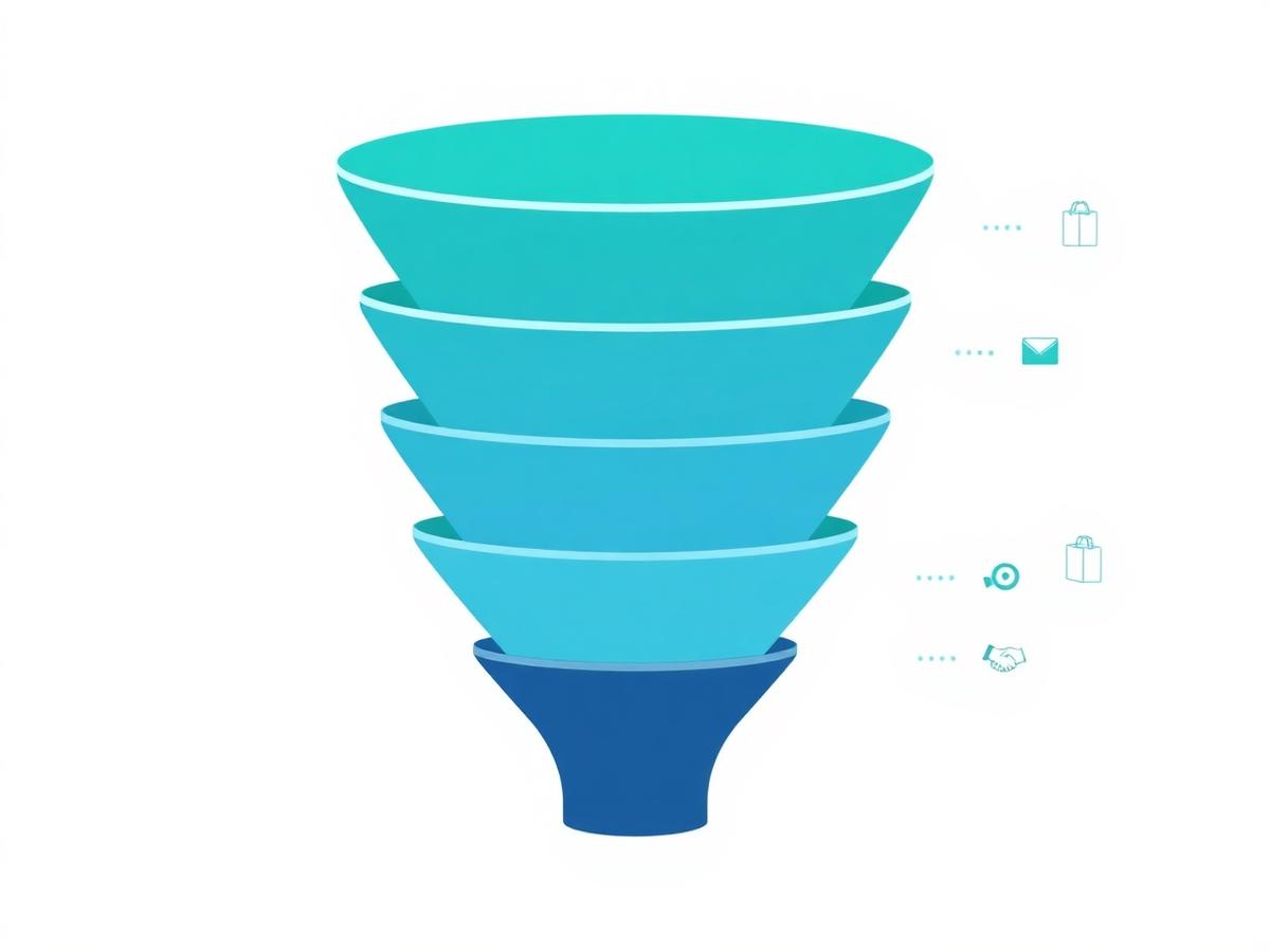Sales funnel stages — awareness to action with icons for each stage